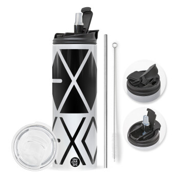 EXO Band korea, Travel Tumbler θερμό με διπλό καπάκι, μεταλλικό καλαμάκι και βούρτσα καθαρισμού (Ανωξείδωτο 304 Food grade, BPA free, 600ml)