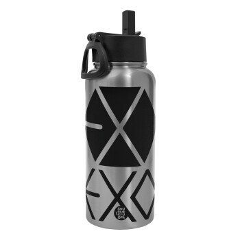 EXO Band korea, Metal mug thermo Silver with Straw and Spout Lid (Stainless steel), double wall, 950ml