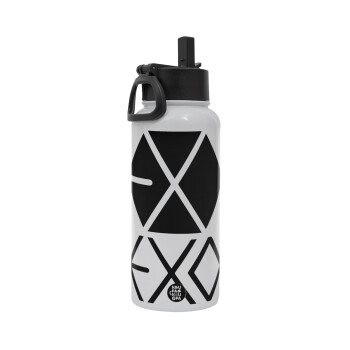 EXO Band korea, Metal mug thermo White with Straw and Spout Lid (Stainless steel), double wall, 950ml