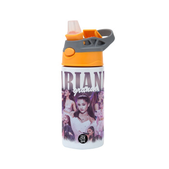 Ariana Grande, Children's hot water bottle, stainless steel, with safety straw, Orange/Grey (360ml) BPA-FREE