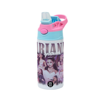 Ariana Grande, Children's hot water bottle, stainless steel, with safety straw, Pink/BlueCiel (360ml) BPA FREE