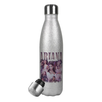 Ariana Grande, Metallic Glitter Silver Thermos Flask (Stainless steel), double-walled, 500ml