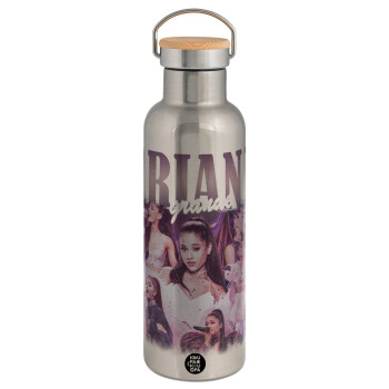 Ariana Grande, Μεταλλικό παγούρι θερμός (Stainless steel) Ασημένιο με ξύλινο καπακι (bamboo), διπλού τοιχώματος, 750ml