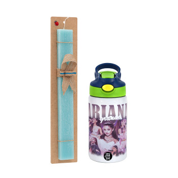 Ariana Grande, Easter Set, Children's thermal stainless steel bottle with safety straw, green/blue (350ml) & aromatic flat Easter candle (30cm) (TURQUOISE)