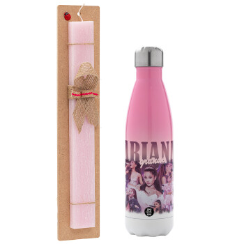 Ariana Grande, Easter Set, Metallic pink/white (Stainless steel) thermos, double-walled, 500ml & aromatic flat Easter candle (30cm) (PINK)