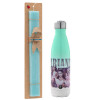 Easter Set, Metallic green/white thermos (Stainless steel), double-walled, 500ml & scented flat Easter candle (30cm) (TURQUOISE)