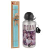 Easter Set, metallic silver aluminum water bottle (500ml) & scented flat Easter candle (30cm) (TURQUOISE)