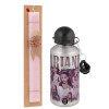 Easter Set, metallic Silver aluminum water bottle (500ml) & scented flat Easter candle (30cm) (PINK)