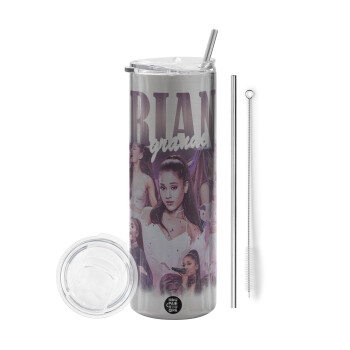 Ariana Grande, Eco friendly ποτήρι θερμό Ασημένιο (tumbler) από ανοξείδωτο ατσάλι 600ml, με μεταλλικό καλαμάκι & βούρτσα καθαρισμού