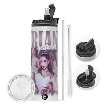 Ariana Grande, Travel Tumbler 2 Lids, with metal straw & cleaning brush (Stainless steel 304 Food grade, BPA free, 600ml)