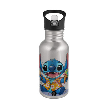 Stitch Ice cream, Water bottle Silver with straw, stainless steel 500ml