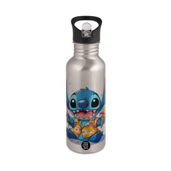 Stitch Ice cream, Water bottle Silver with straw, stainless steel 600ml