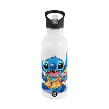 Stitch Ice cream, White water bottle with straw, stainless steel 600ml