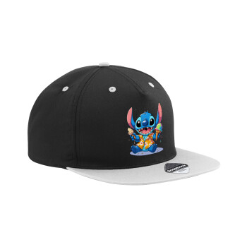 Stitch Ice cream, Adult Flat Snapback Hat Black/Grey, (100% COTTON TWILL, ADULT, UNISEX, ONE SIZE)