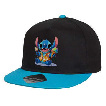 Stitch Ice cream, Child's Flat Snapback Hat, Black/Blue (100% COTTON, CHILD, UNISEX, ONE SIZE)