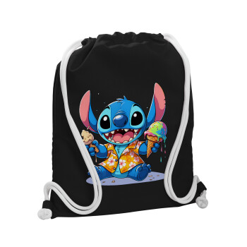 Stitch Ice cream, Backpack pouch GYMBAG Black, with pocket (40x48cm) & thick white cords