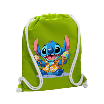 Stitch Ice cream, Backpack bag GYMBAG LIME GREEN, with pocket (40x48cm) & thick cords