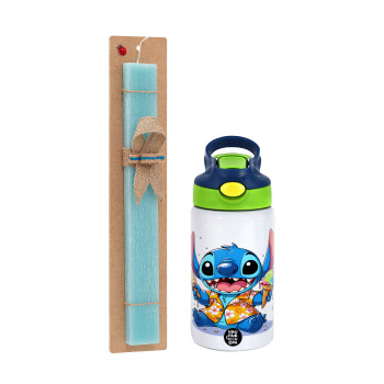 Stitch Ice cream, Easter Set, Children's thermal stainless steel bottle with safety straw, green/blue (350ml) & aromatic flat Easter candle (30cm) (TURQUOISE)