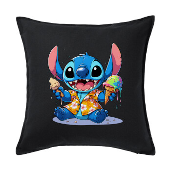 Stitch Ice cream, Μαξιλάρι καναπέ Μαύρο 100% βαμβάκι, περιέχεται το γέμισμα (50x50cm)