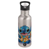 Water bottle Silver with straw, stainless steel 600ml