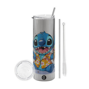 Stitch Ice cream, Eco friendly stainless steel Silver tumbler 600ml, with metal straw & cleaning brush