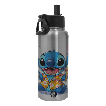 Stitch Ice cream, Μεταλλικό παγούρι θερμός Silver με καλαμάκι και χερούλι (Stainless steel), διπλού τοιχώματος, 950ml