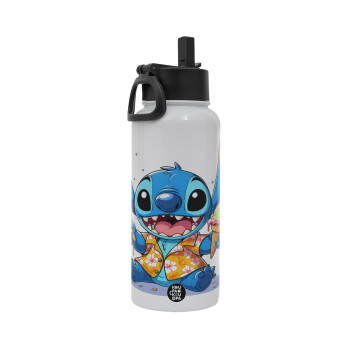 Stitch Ice cream, Μεταλλικό παγούρι θερμός Λευκό με καλαμάκι και χερούλι (Stainless steel), διπλού τοιχώματος, 950ml