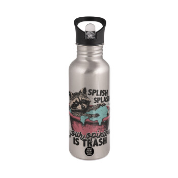 Splish splash your opinion is trash, Water bottle Silver with straw, stainless steel 600ml