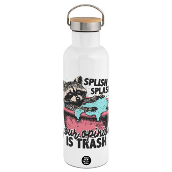 Splish splash your opinion is trash, Stainless steel White with wooden lid (bamboo), double wall, 750ml