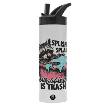 Splish splash your opinion is trash, Metallic thermos bottle with straw & handle, stainless steel (Stainless steel 304), double-walled, 600ml.