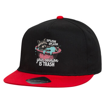 Splish splash your opinion is trash, Καπέλο παιδικό Flat Snapback, Μαύρο/Κόκκινο (100% ΒΑΜΒΑΚΕΡΟ, ΠΑΙΔΙΚΟ, UNISEX, ONE SIZE)