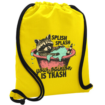Splish splash your opinion is trash, Τσάντα πλάτης πουγκί GYMBAG Κίτρινη, με τσέπη (40x48cm) & χονδρά κορδόνια