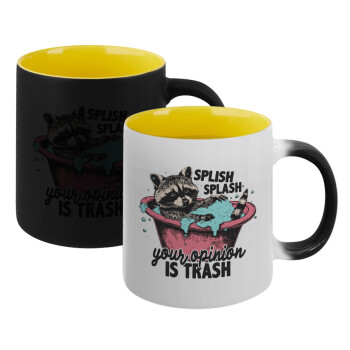 Splish splash your opinion is trash, Κούπα Μαγική εσωτερικό κίτρινη, κεραμική 330ml που αλλάζει χρώμα με το ζεστό ρόφημα (1 τεμάχιο)