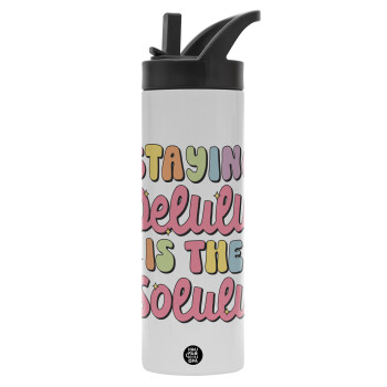 Delulu, Metallic thermos bottle with straw & handle, stainless steel (Stainless steel 304), double-walled, 600ml.