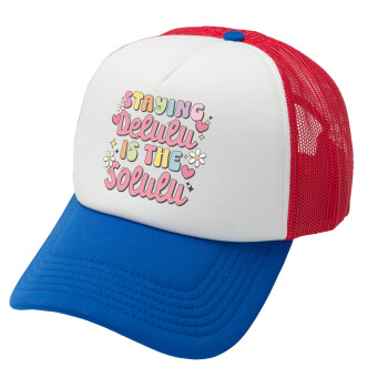 Delulu, Adult Soft Trucker Hat with Red/Blue/White Mesh (POLYESTER, ADULT, UNISEX, ONE SIZE)