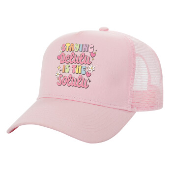 Delulu, Adult Structured Trucker Hat, with Mesh, PINK (100% COTTON, ADULT, UNISEX, ONE SIZE)