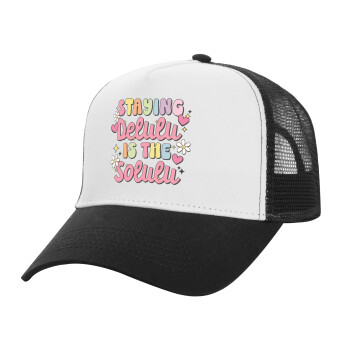 Delulu, Adult Structured Trucker Hat, with Mesh, WHITE/BLACK (100% COTTON, ADULT, UNISEX, ONE SIZE)