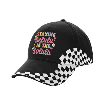 Delulu, Adult Ultimate BLACK RACING Cap, (100% COTTON DRILL, ADULT, UNISEX, ONE SIZE)