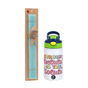 Delulu, Easter Set, Children's thermal stainless steel bottle with safety straw, green/blue (350ml) & aromatic flat Easter candle (30cm) (TURQUOISE)