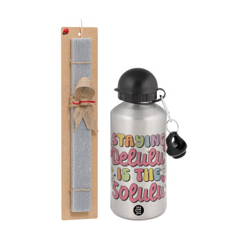 Delulu, Easter Set, metallic silver aluminum water bottle (500ml) & aromatic flat Easter candle (30cm) (GRAY)