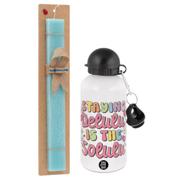 Delulu, Easter Set, metallic aluminum water bottle (500ml) & scented flat candle (30cm) (TURQUOISE)