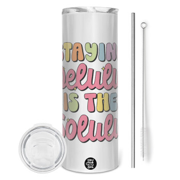 Delulu, Eco friendly stainless steel tumbler 600ml, with metal straw & cleaning brush