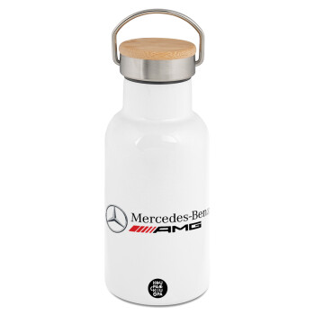 AMG Mercedes, Μεταλλικό παγούρι θερμός (Stainless steel) Λευκό με ξύλινο καπακι (bamboo), διπλού τοιχώματος, 350ml