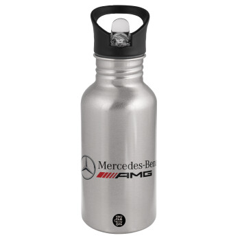 AMG Mercedes, Water bottle Silver with straw, stainless steel 500ml