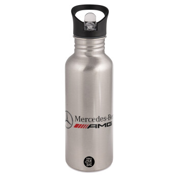 AMG Mercedes, Water bottle Silver with straw, stainless steel 600ml