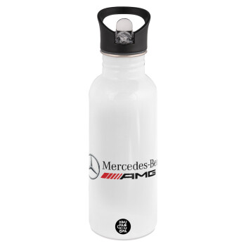 AMG Mercedes, White water bottle with straw, stainless steel 600ml