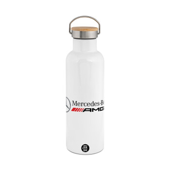 AMG Mercedes, Stainless steel White with wooden lid (bamboo), double wall, 750ml