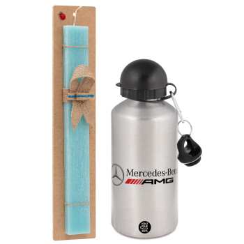 AMG Mercedes, Easter Set, metallic silver aluminum water bottle (500ml) & scented flat Easter candle (30cm) (TURQUOISE)