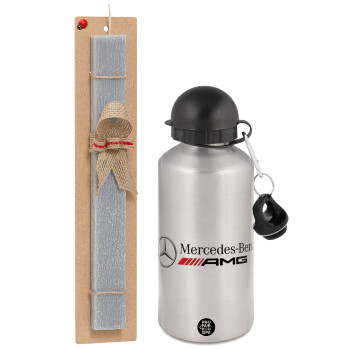 AMG Mercedes, Easter Set, metallic silver aluminum water bottle (500ml) & aromatic flat Easter candle (30cm) (GRAY)