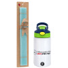 Easter Set, Children's thermal stainless steel bottle with safety straw, green/blue (350ml) & aromatic flat Easter candle (30cm) (TURQUOISE)